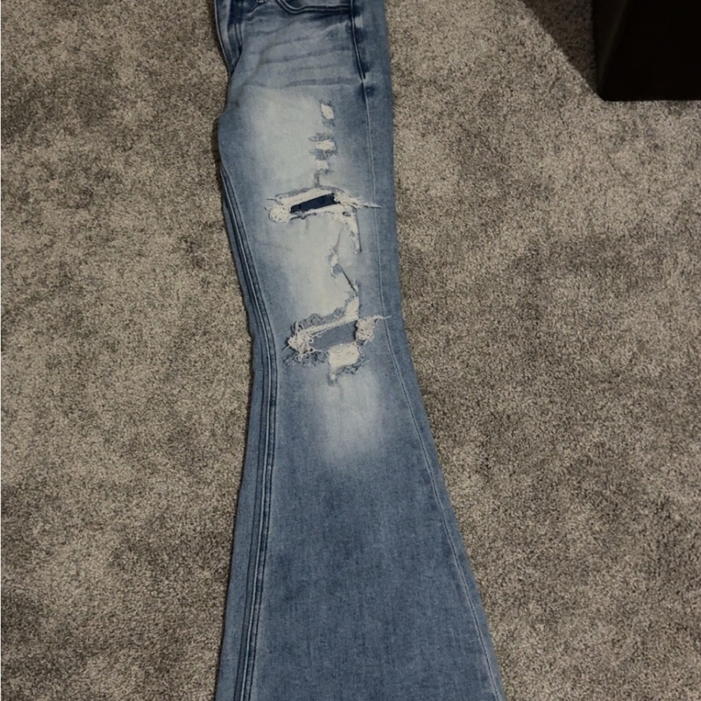 KanCan Blue Flare Wide Leg Jeans with Distressed Details